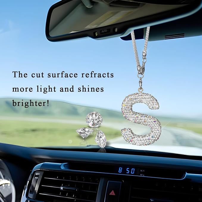DXNQ Bling Initial Car Rear View Mirror Ornament, Crystal Sparkling Cute Letter Charm Pendant Auto Decor, Hanging Lucky Diamond Initial Charm Car Mirror Bag Ornament for Girl Women (Letter S)