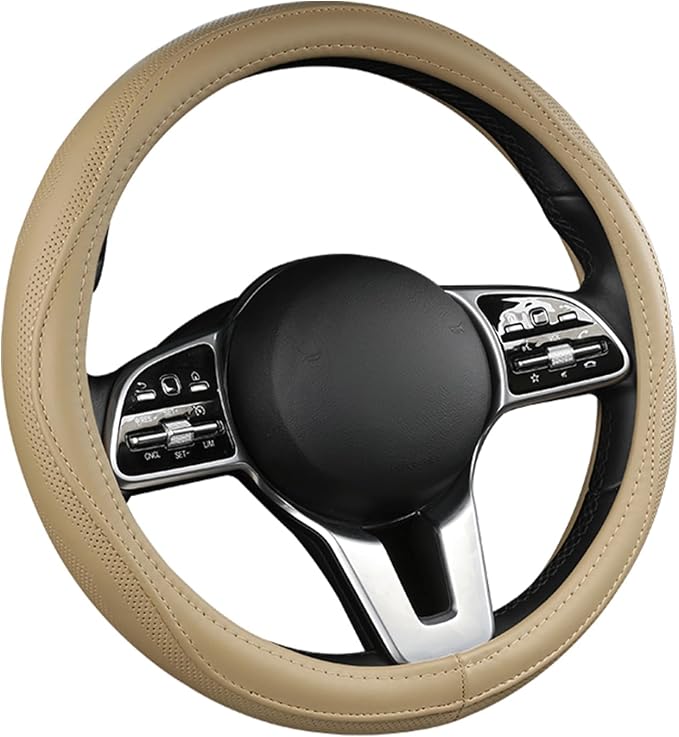 Genuine Leather Steering Wheel Cover, Real Cowhide for 14.5-16 Inch Steering Wheels, Universal Fit for Cars and Trucks (Beige, 16inch)