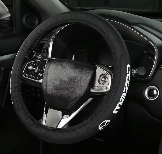 Car Steering Wheel Cover, Leather, Anti-Slip Lining, Universal for Mazda, 14.5-15 Inch, Black