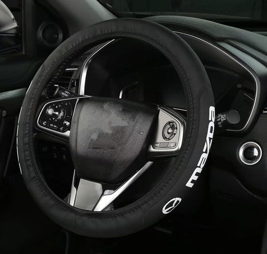 Car Steering Wheel Cover, Leather, Anti-Slip Lining, Universal for Mazda, 14.5-15 Inch, Black