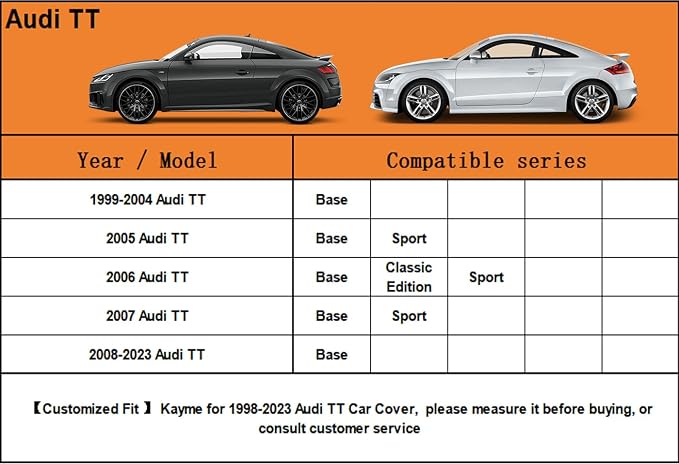 Kayme 6 Layers Car Cover Custom Fit for Audi TT TTS TTRS (1998-2025) Waterproof All Weather for Automobiles, Outdoor Full Cover Rain Sun UV Protection.Silver