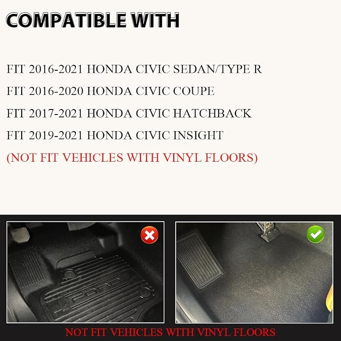 G-PLUS TPE Floor Mats Fit Honda Civic Sedan & Hatchback 4-Door 2016-2021 | Fit Civic Coupe 2-Door 2016-2021,All Weather Protection,Non-Slip,TPE Full Coverage,1st & 2nd Row,Black
