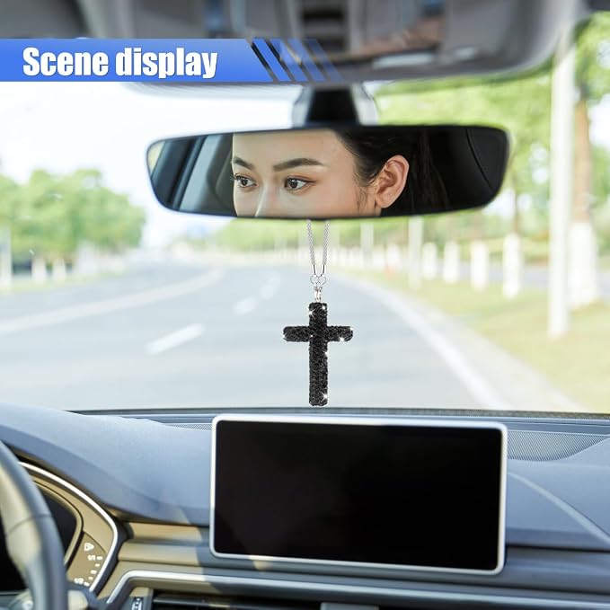 ZIMISI Bling Cross Car Hanging Ornament, Crystal Rhinestone Car Rearview Mirror Pendant for Women, Diamond Rear View Mirror Charm Present, Universal Vehicle Interior Decoration Accessory (Black)