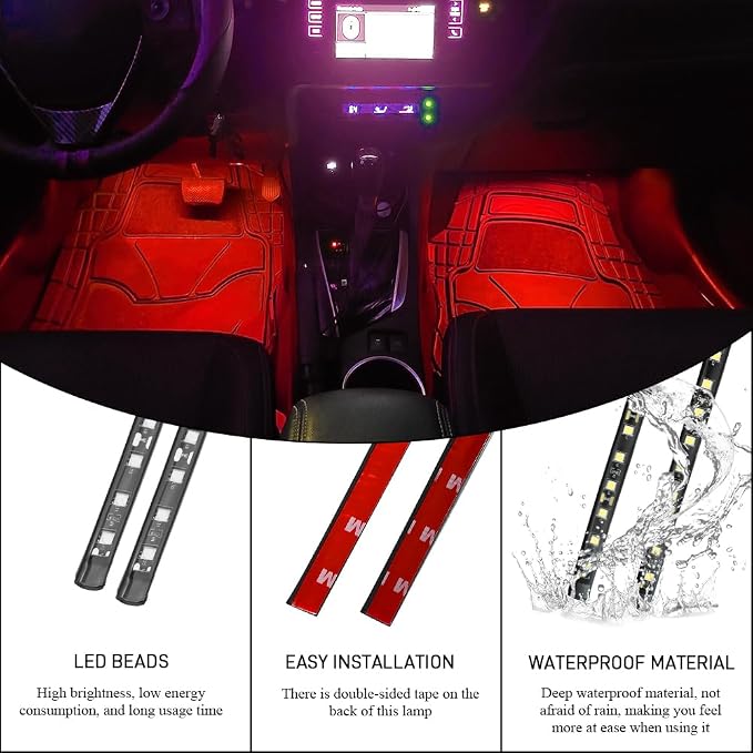 Car LED Strip Light, Car Interior Lights, 12V 24 LED Auto Under Dash Atmosphere Lights with USB Port, Auto Atmosphere Under Dash Lighting Kit for Vehicles (Red, Cigarette Lighter)