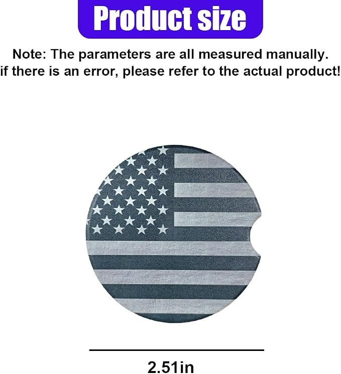 Craedli 2PCS American Flag Car Coasters for Cup Holders, 2.51" Absorbent Ceramic Anti-Slip Drink Insert Car Cup Holder Coaster with Finger Notch, Universal Auto Interior Accessory for Women Men (Gray)