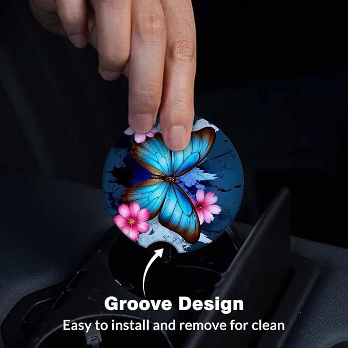 Beautiful Butterfly Car Cup Holder Coaster 2 Pack Absorbent Ceramic Car Coasters for Cup Holders Car Accessories Interior for Women Men Universal Anti Slip Cork Base Cup Coasters with Finger Notch