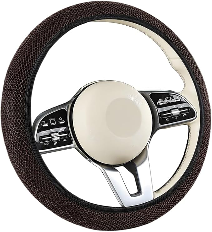Elastic Stretch Car Steering Wheel Cover, Soft Breathable Ice Silk Steering Wheel Protector, Anti-Slip Automotive Interior Accessories, Universal for Sedan, Truck, Van (Coffee)