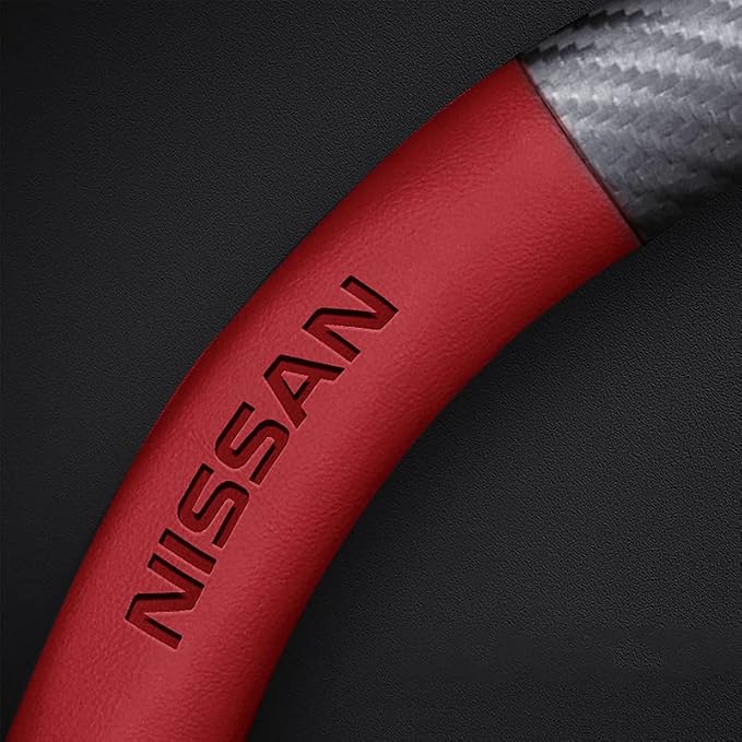 Steering Wheel Cover Compatible with Nissan, Nappa Leather&Carbon Fiber Texture Steering Wheel Cover, 14.5-15 Inch Diameter with 2 Coasters and USB Fast Charging Cable (Red)
