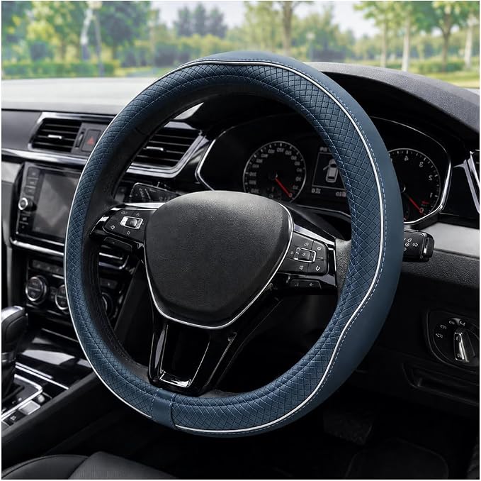 Car Steering Wheel Cover, 15 Inch Anti-Slip Breathable Leather Auto Steering Wheel Protector, Full Surround Soft Steering Wheel Cover for Men Women, Car Interior Accessories (Blue & White)
