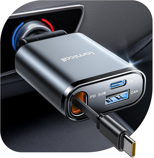 Lamicall Car Charger USB C for iPhone 17 16 15 Fast Charging [60% More Compact] 57w Type C Retractable Car Charger Fit Samsung Galaxy S25 S24 Ultra Pixel Android, Car Accessories Gifts for Men Women