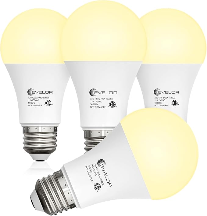 evelor 4-Packs A19 LED Light Bulbs,100 Watt Equivalent 2700K Soft White Bright Bulbs Efficient 13W,1500 Lumens E26 Base, Non-Dimmable, 15000-Hour Lifespan for Bedroom, Living Room, Office