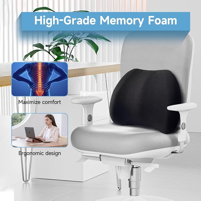Really Plush Lumbar Support Pillow for Car Seat, Lower Back Support Pillow | 100% Memory Foam Lumbar Pillow - Breathable Removable Cover & Ergonomic Design, Back Pillow for Back Pain Relief(Black, 1PC)
