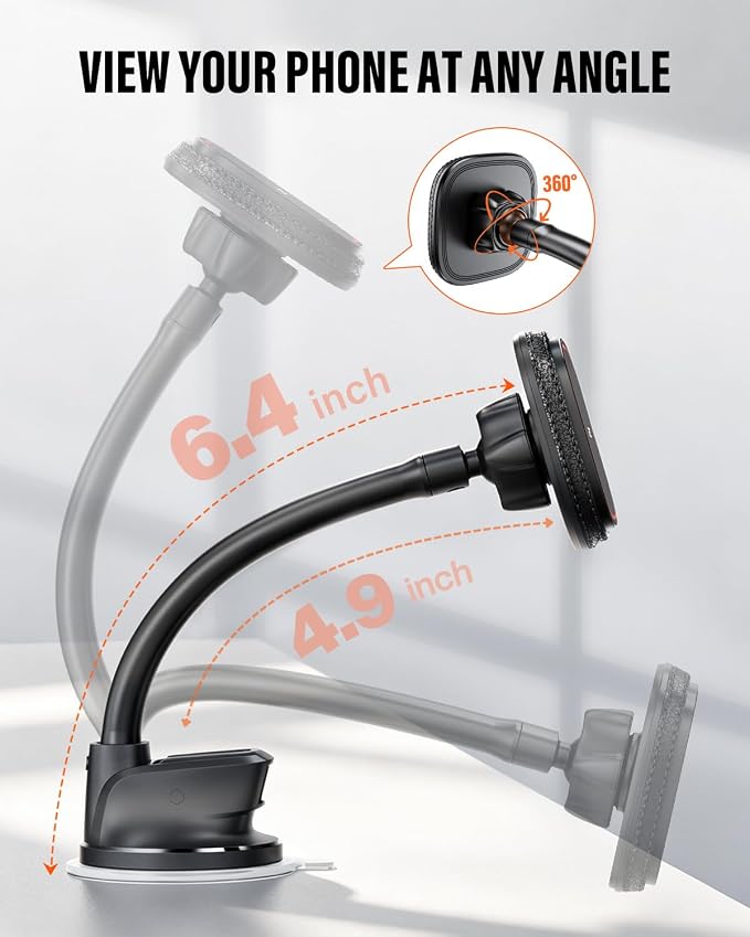 APPS2Car Upgraded for MagSafe Car Mount, Magnetic Car Phone Holder with Flexibile Gooseneck Arm, Suction Cup Holder for Windshield Window Dashboard, Fit for iPhones Smartphones