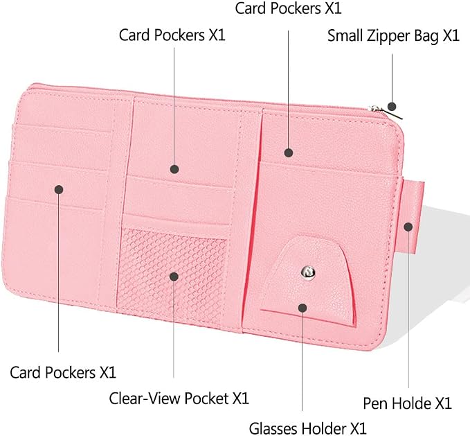 1 Pack Car Sun Visor Organizer, Sunglasses Holder for Car Sun Visor, Auto Interior Accessories Pocket Organizers Can Store for Sunglasses, Documents, Cards, Pen, Drivers License (Pink)