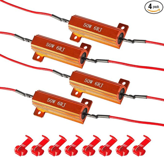 4 PCS Load Resistor,LED Turn Signal Resistor Flasher Adaptor with Wire and Clip,50W 6ohm LED Load Resistors Conversion Kit for Fix LED Bulb Hyper Flash Turn Signal Light Bulb Fast Blink Error Code (4)