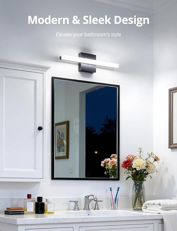 Combuh Black Bathroom Light Fixtures Over Mirror Lighting Gentle, 9W 16 Inch Modern LED Small Vanity Lamp Bar IP44 Slim Linear Bath Wall Sconces for Restroom Indoor Cool White 6000K