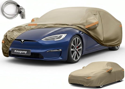 Kaugung Custom Fit Car Cover for Tesla Model S (2012-2026), Heavy Duty All Weather Waterproof Outdoor Cover, Sun Rain UV Protection with Driver Door Zipper, Mirror Pockets, Vents & Charging Port
