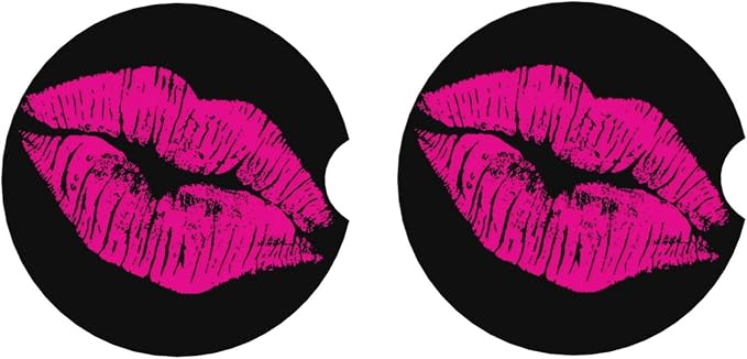 80s Hot Pink Kiss Lips Absorbent Ceramic Car Coasters 2 Pack Round Insert Cupholder Coaster Car Cup Holder Mat with Finger Notch Anti-Slip Cork Base Reusable Drink Coasters 2.56 in