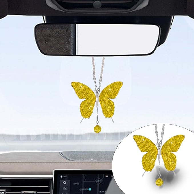 JOYCOURT Bling Butterfly Diamond Car Hanging Accessories for Women, Yellow | Crystal Butterfly Rear View Mirror Luck Car Decoration Accessories, Valentine's Day Presents Ornament Pendant for All Cars