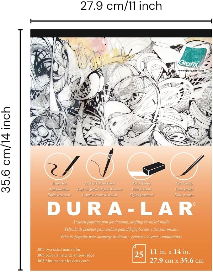 Grafix Dura-Lar 0.005" Film, Matte, Translucent 11"x14", Economical Alternative to Drafting Film, Mylar and Acetate, Translucent Drawing Surface for Lead, Ink, Charcoal and Paint, Pad of 25 Sheets