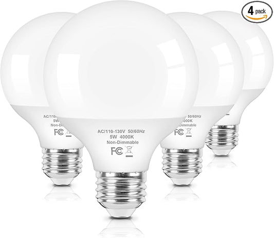Brightever G25 LED Globe Light Bulbs 60 Watt Equivalent, 5W 4000K Natural Daylight LED Vanity Light Bulbs, E26 Base Round Light Bulb for Bathroom Over Mirror, CRI90+, 600LM, 4-Pack, Non-Dimmable