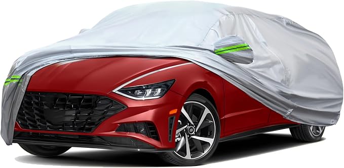 TUCAREST 6-Layers Premium Full Car Cover Hard Shell Zipper Design Waterproof All Weather Weatherproof UV Sun Protection Snow Dust Storm Resistant Outdoor with Straps (Fit for Sedan 165"- 181")