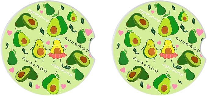 Cute Avocado Car Coasters: Pack of 2, Absorbent Ceramic Drink Cup Holder Coasters with Finger Notch for Easy Removal