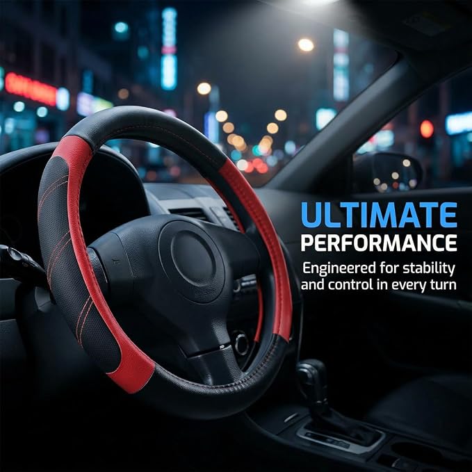 Osilly Car Steering Wheel Cover, 14.5-15" Leather Breathable Anti-Slip Stylish Steering Wheel Protector, Comfortable Auto Interior Decoration Accessories, Universal for SUV Van Truck (Black Red)
