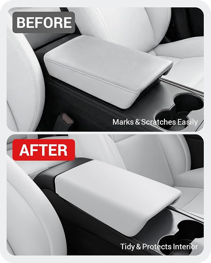BASENOR Armrest Cover for 2017-2024 Tesla Model Y Model 3 Center Console Cover Non-Slip TPU [No Logo] Protector Armrest Tesla Accessories White (Not Compatible with 2025 2026 Model Y/3)
