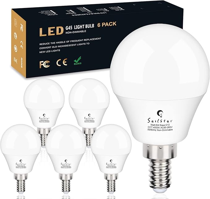 Ceiling Fan Light Bulbs, E12 LED Bulb 60W Equivalent, Neutral White 4000K, 600 Lumens, A15 Small Candelabra Base LED Light Bulbs 6W, CRI 85, Non-dimmable, Pack of 6