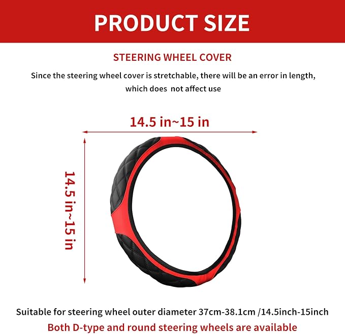 15 Inch Leather Steering Wheel Cover, Automotive Accessories Breathable Anti-Slip Elastic Soft Wheel Protector, Fit for Most SUVs Trucks and RVs (Black/Red)
