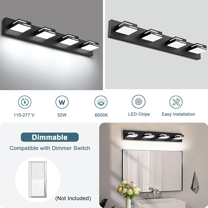 LED Modern Bathroom Vanity Light Fixtures, Dimmable Matte Black Vanity Lights for Bathroom Lighting Fixtures Over Mirror, with 360° Rotatable Acrylic Heads 4-Light 30-inch (Cool White 6000K)