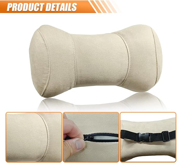 Car Headrest Pillow for Driving - Memory Foam Soft Automotive Neck Support Pillow Cushion with Adjustable Strap - Comfortable Car Seat Headrest Pillow for Neck Pain Pressure Relief (Beige)