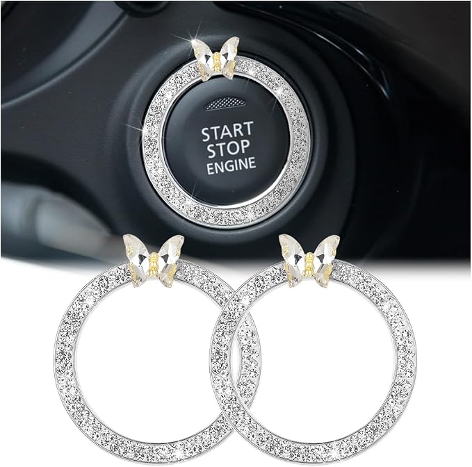 2PCS Bling Car Engine Start Stop Decoration Ring, Crystal Rhinestone Auto Push Start Button Ignition Ring Sticker, Vehicle Decor Accessories for Women Girls, Universal for Vehicles (White)