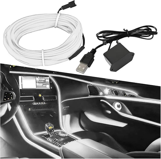 ZIMISI EL Wire Car Interior LED Strip Lights, Neon Light Strip (White) | 5V 16FT Car Ambient Lighting Decorations with Sewing Edge, USB Electroluminescent Car Interior Lights with Fuse Protection
