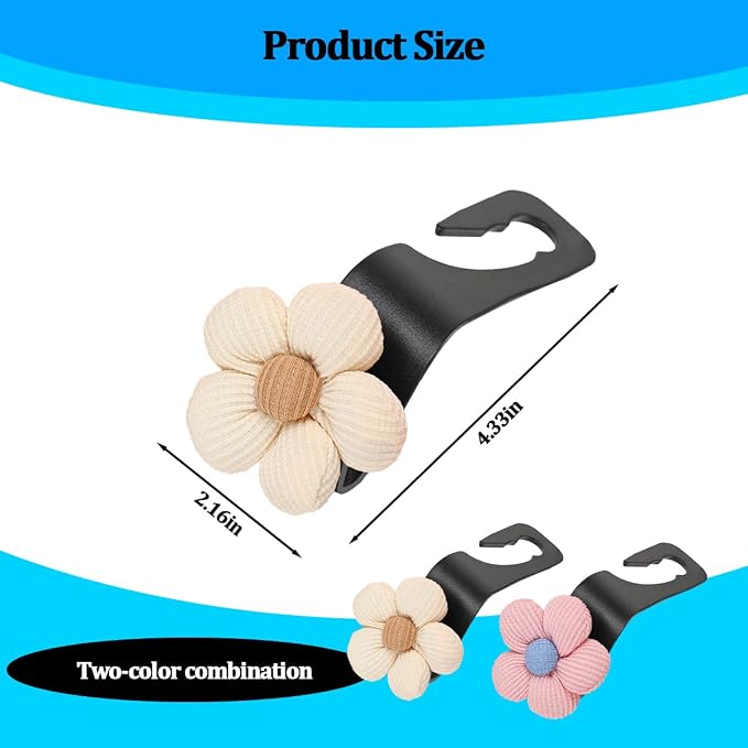 2PCS Car Seat Headrest Hook, Cute Flower Vehicle Backseat Purse Handbag Storage Hanger, Floral Auto Seat Back Holder Hook for Coat Umbrella Grocery, Universal for Vehicles (Beige/Pink)