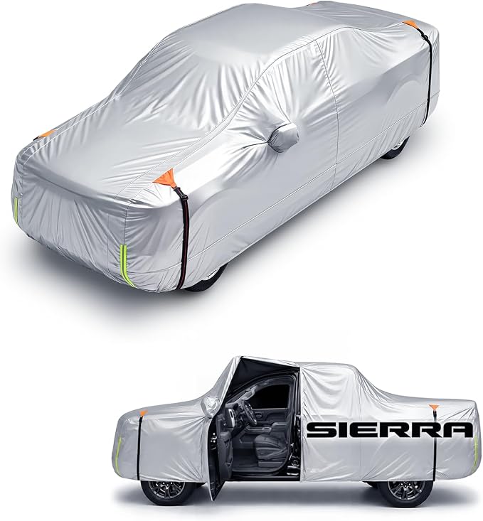 Wigoo GMC Sierra 1500 2500 3500 Truck Car Cover Accessories 2019-2026, Custom Fit Waterproof All Weather Outdoor Pickup Cover, Windproof UV Rain Snow Dust Protection, Door Zipper, Reflective Strips