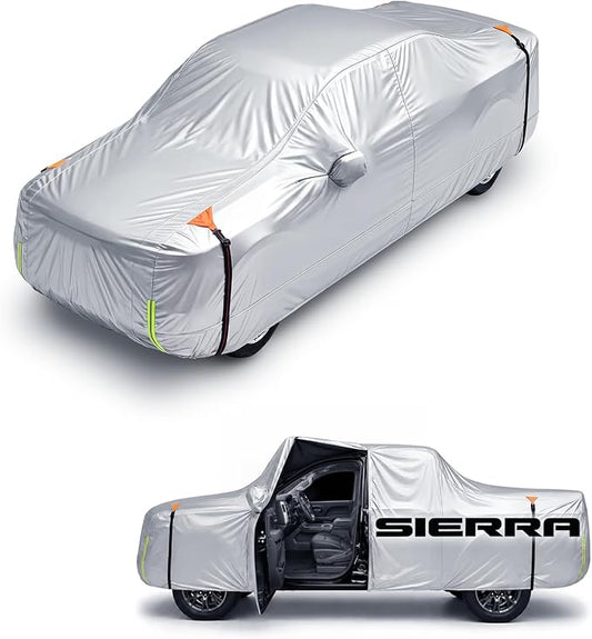 Wigoo GMC Sierra 1500 2500 3500 Truck Car Cover Accessories 2019-2026, Custom Fit Waterproof All Weather Outdoor Pickup Cover, Windproof UV Rain Snow Dust Protection, Door Zipper, Reflective Strips
