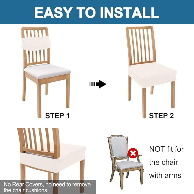 Smiry Waterproof Seat Covers for Dining Room Chairs Set of 4, Stretch Jacquard Removable Washable Chair Seat Slipcovers Protector, No Rear Covers, Ivory