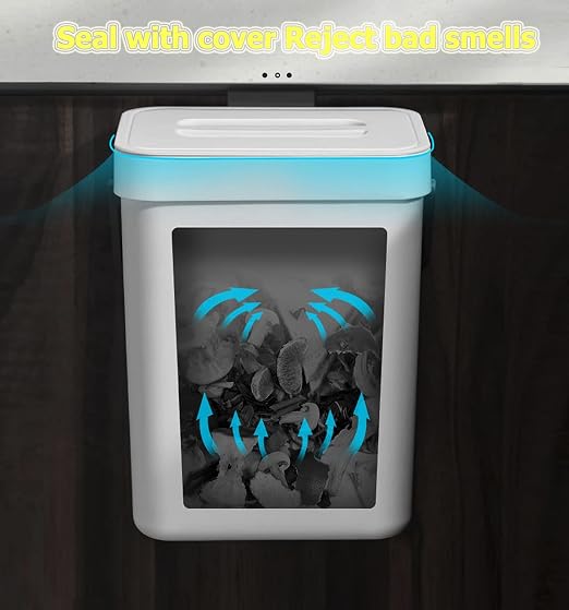 Small Trash Can with Lid Mini Kitchen Hanging Trash Can Tightly Sealed Odor Free, Small Countertop Compost Bin for Scraps from Daily Cooking, Mountable Trash Bin for Kitchen Counter, 5L/1.3 White