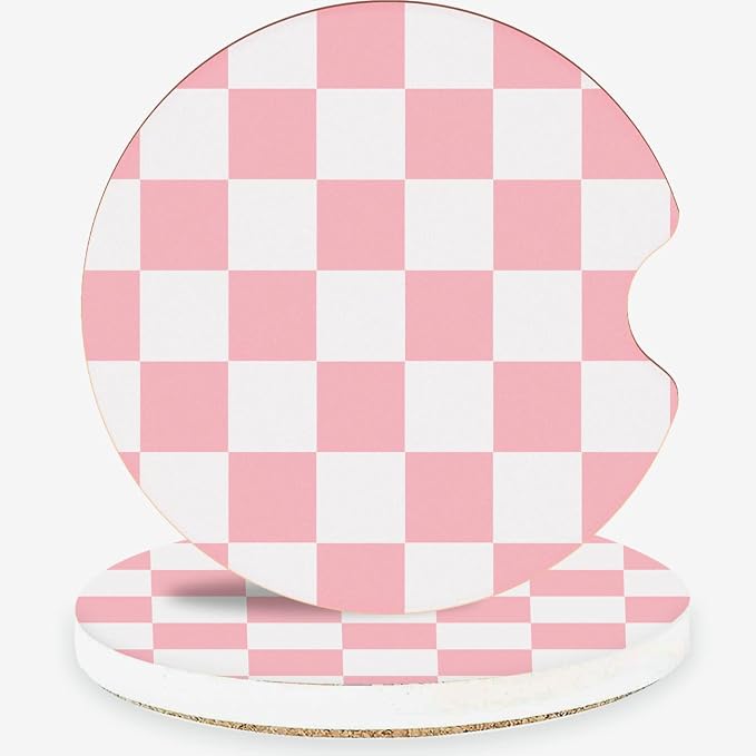 Ceramic Car Coasters – Absorbent Car Cup Holder Coaster Set for Women, Cute Aesthetic Car Accessories for Girls, 2 Pack (Pink)