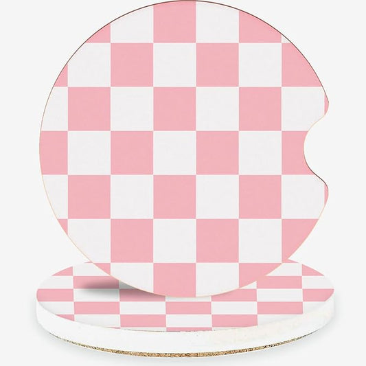 Ceramic Car Coasters – Absorbent Car Cup Holder Coaster Set for Women, Cute Aesthetic Car Accessories for Girls, 2 Pack (Pink)
