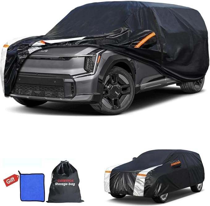 Multi-Layer Car Cover Custom Fit for Kia EV9 (EV)(2023-2026), 100% Waterproof All Weather for Automobiles, Gift with Towel, Heavy Duty Car Covers for Rain Sun UV Protection with Door Zipper