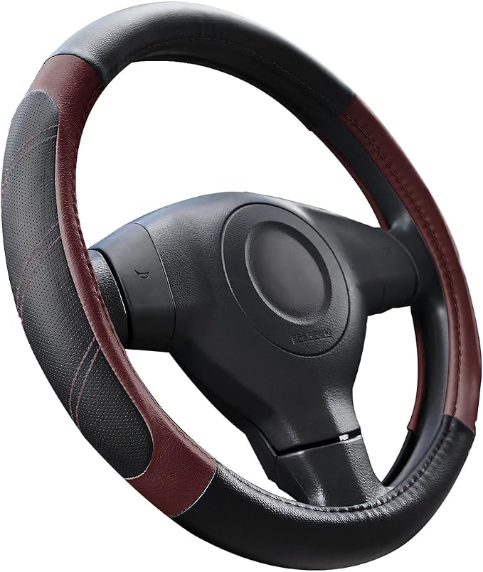 Osilly Car Steering Wheel Cover, 14.5-15" Leather Breathable Anti-Slip Stylish Steering Wheel Protector, Comfortable Auto Interior Decoration Accessories, Universal for SUV Van Truck (Black Wine Red)
