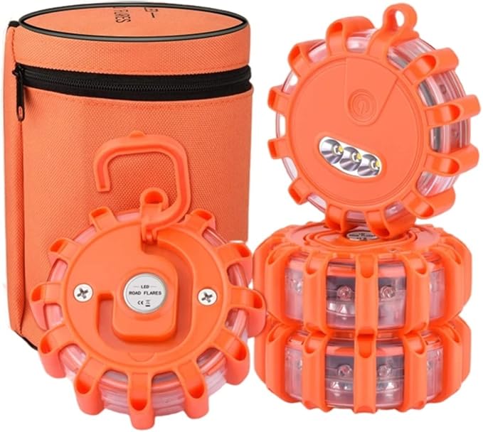 LED Road Flares Emergency Lights Roadside Safety Beacon Disc Flashing Warning Flare Kit with Magnetic Base Storage Bags (Color : 4 pcs with 1 Bag)
