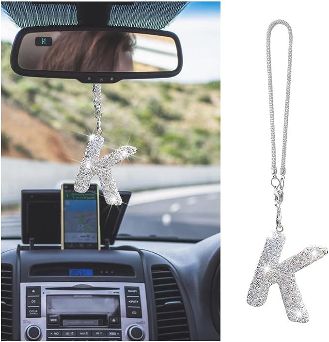 Bling Car Rear View Mirror Letter Charm, Crystal Rhinestone Rear View Mirror Hanging Ornament, Automotive Interior Rearview Mirrors Decoration Accessories, Universal for Vehicles(K)