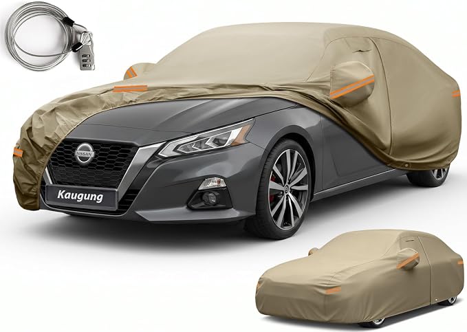 Kaugung Custom Fit Car Cover for Nissan Altima (2002-2026), Heavy Duty All Weather Waterproof Outdoor Cover, Sun Rain Snow UV Protection with Driver Door Zipper, Mirror Pockets & Air Vents
