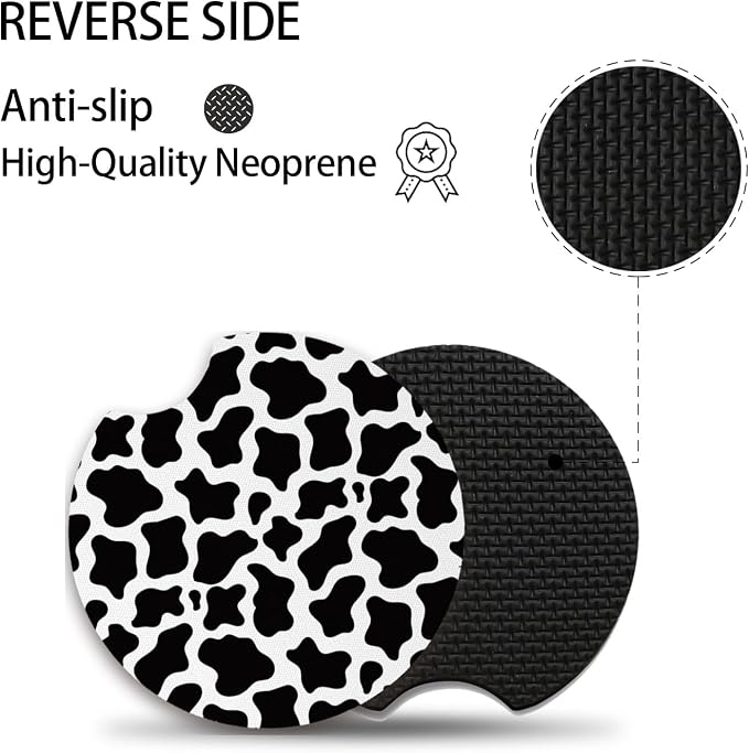 Cute Cow Print Animal Themed Black and White Cup Holders,2 Pack Universal Neoprene Car Coasters Set for Women/Men,Drink Cup Car Holder Coasters with A Finger Notch