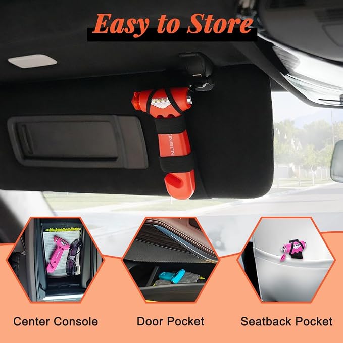 SENSEN Window Breaker Seatbelt Cutter, Car Emergency Escape Tool to Break Glass, Safety Hammer, 3-in-1, 2 Pack, Orange