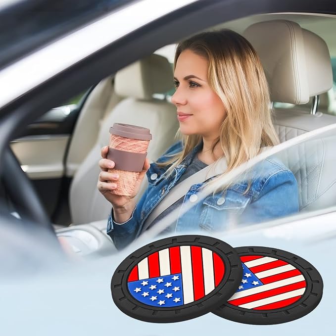 AUCELI 2 Pack Car Cup Holder Coasters, Colored American Flag US Flag Insert Car Cup Coaster, 2.75 Inch Anti Slip Shockproof Embedded Drink Mat, Vehicle Interior Decor Accessories